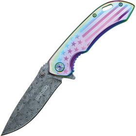Assisted Open Folding Pocket Knife with Rainbow handle with American Flag Design